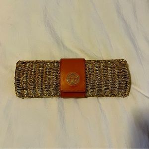 Tory Burch Gold Metallic Rattan-Leather Trimmed Clutch